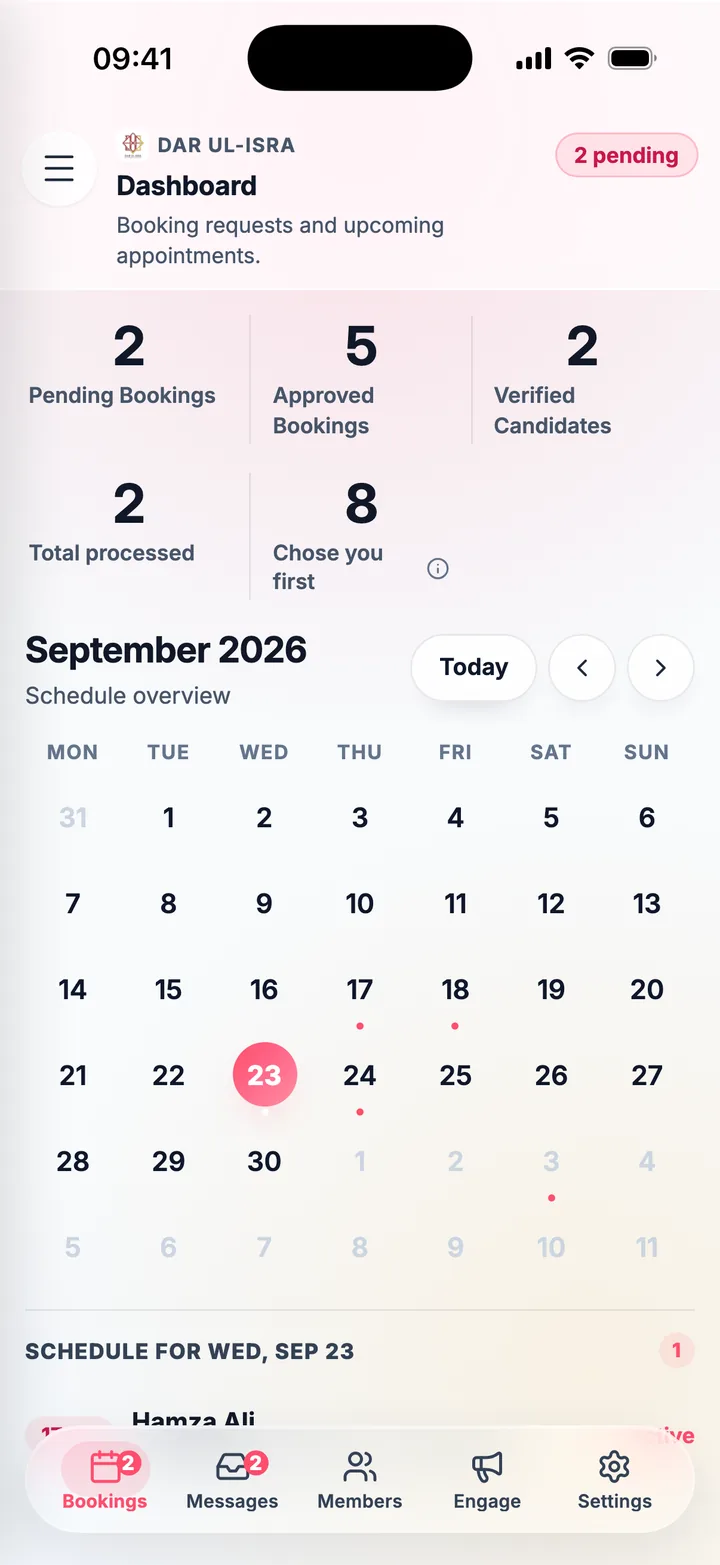 The community centre portal in the Align app, as Dar Ul-Isra sees it: the dashboard, with bookings waiting, members who chose it and the month’s diary.