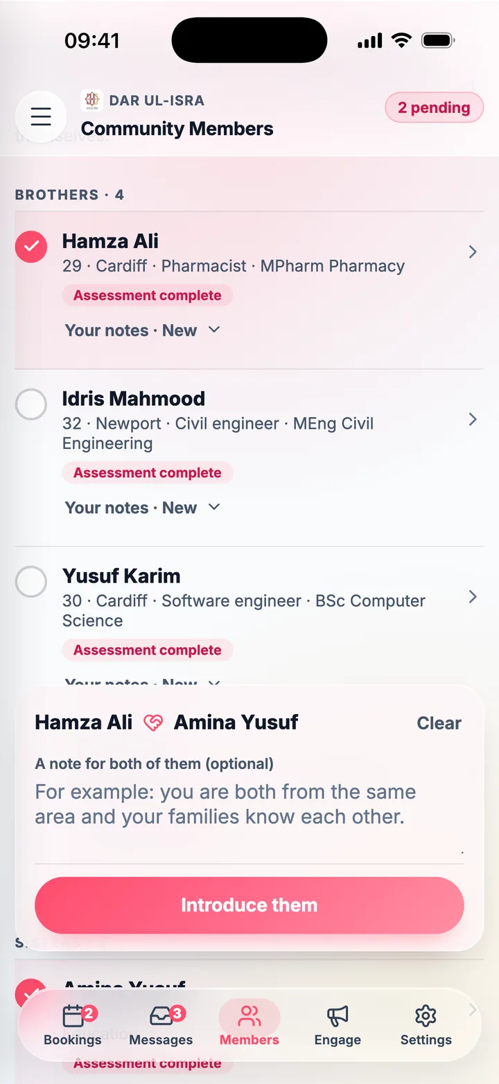 Community members in the centre portal: only the profiles members chose to share, and a brother and a sister about to be introduced.