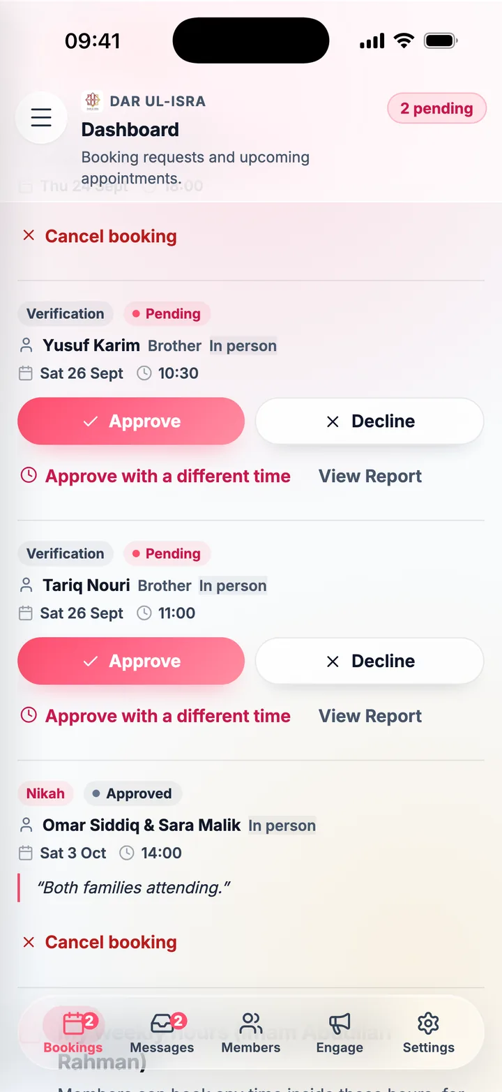 Booking requests in the centre portal: two verification visits to approve, decline or move, and a nikah the centre has confirmed.