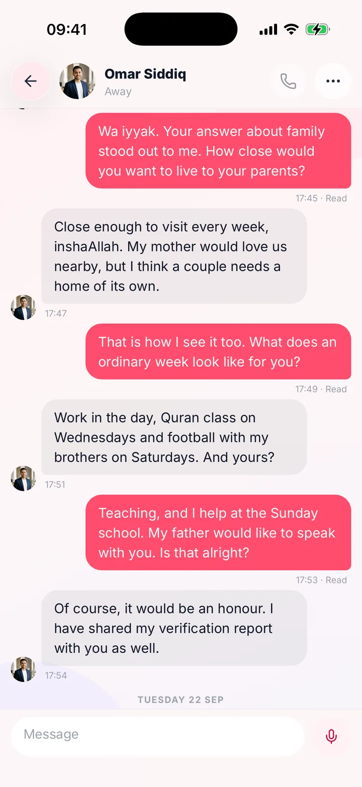 A conversation in the Align app between two example members who have been introduced.
