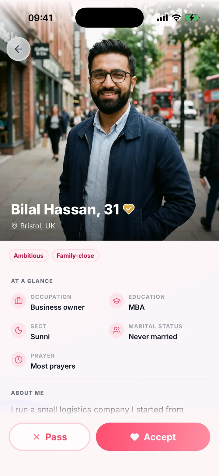 A verified brother’s profile in the Align app, shown with an example member: he has said yes, and she can accept or pass.