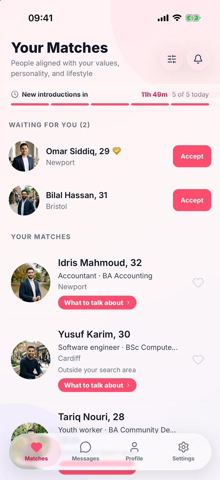 The Your Matches screen in the Align app, shown with example members: all five of the day’s introductions, two of them waiting on her answer, the first of them verified by a mosque.