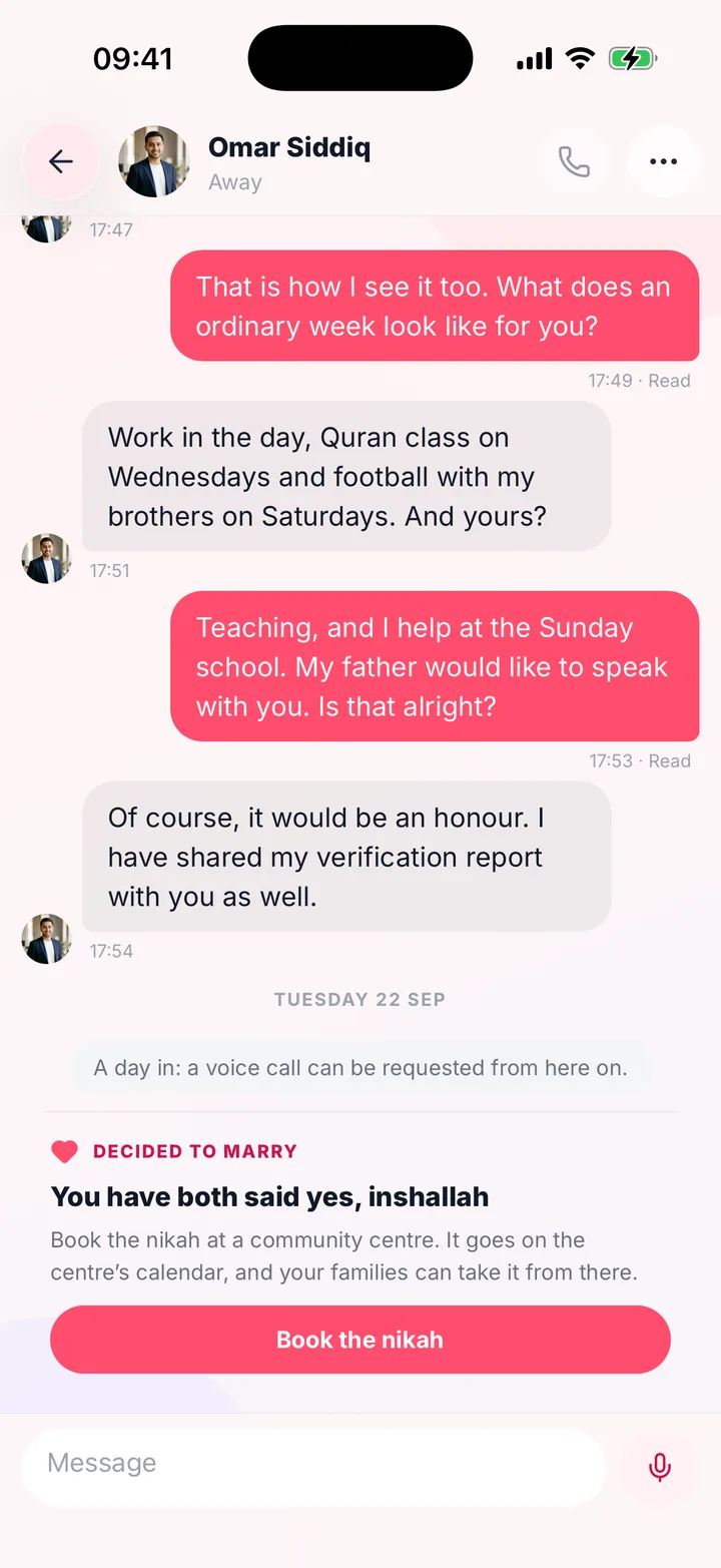 An Align conversation once both of them have said yes: the card to book the nikah at a community centre.