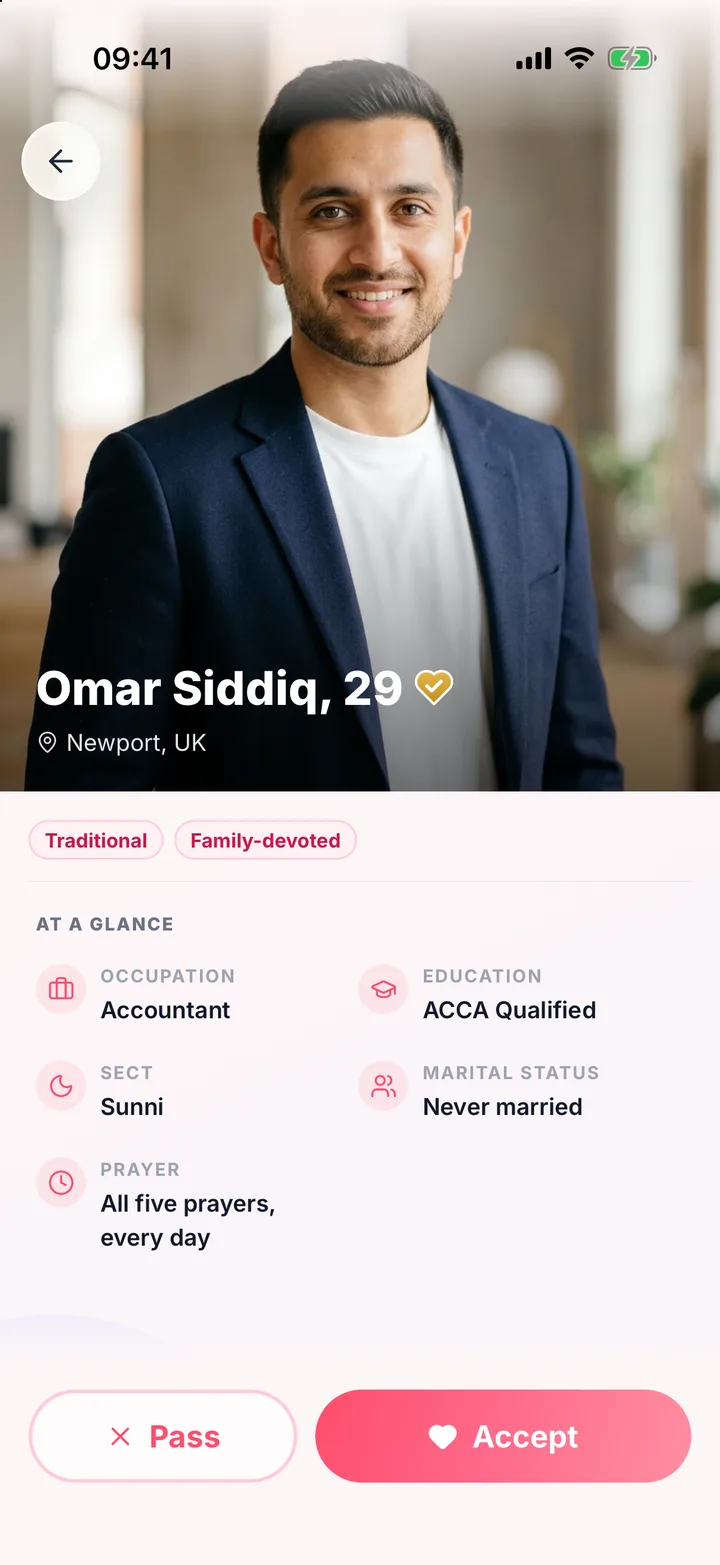 A new introduction’s profile in the Align app, shown with an example member: a brother verified by a mosque, his deen and his work, and the choice to accept or pass.