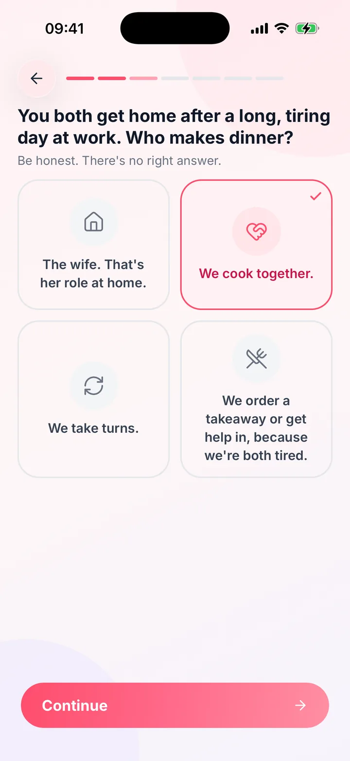 A question from the Align assessment: you both get home after a long day at work, so who makes dinner? Four answers, one chosen.