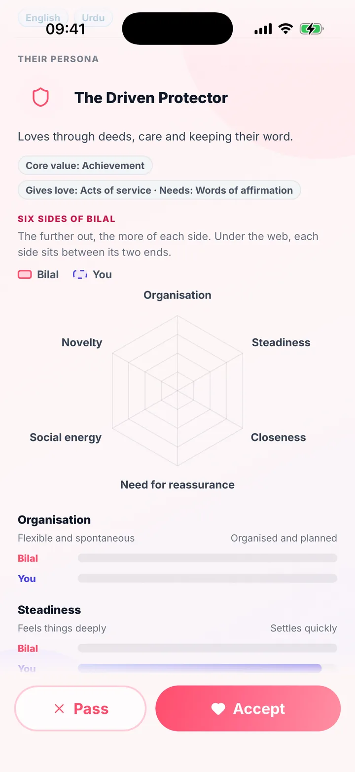 Six sides of him, on a profile in the Align app: his persona, the Driven Protector, and his personality drawn as a pink shape with hers as a dashed blue line over it, then a bar for each of them on every side.