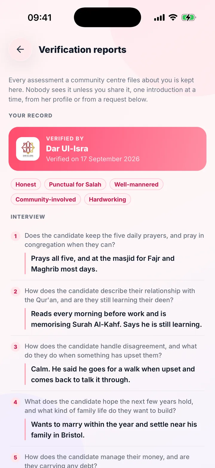 A brother’s verification report in the Align app: verified by Dar Ul-Isra, under its own logo, the traits it found, and his answer to each interview question.