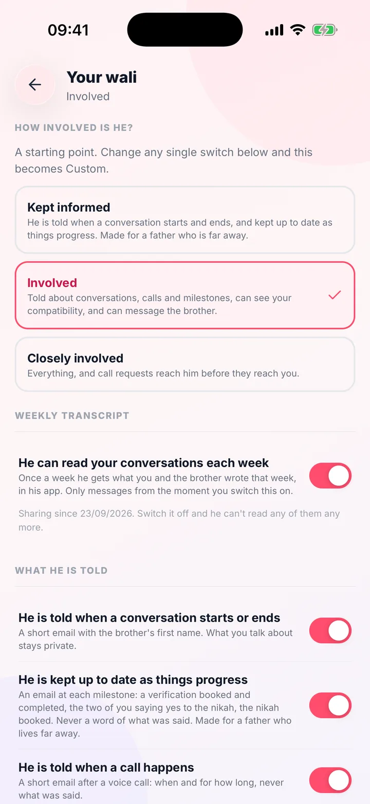Her wali settings in the Align app: how involved he is, from kept informed to closely involved, and the weekly transcript she can switch on.