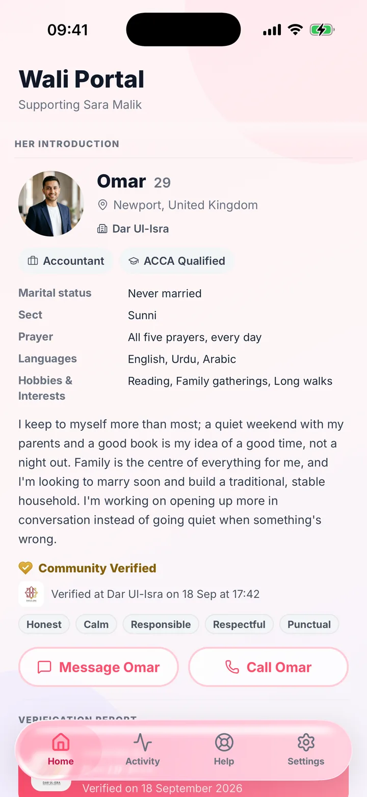 The wali portal in the Align app: her father’s view of the verified brother she is talking to, shown with an example member.