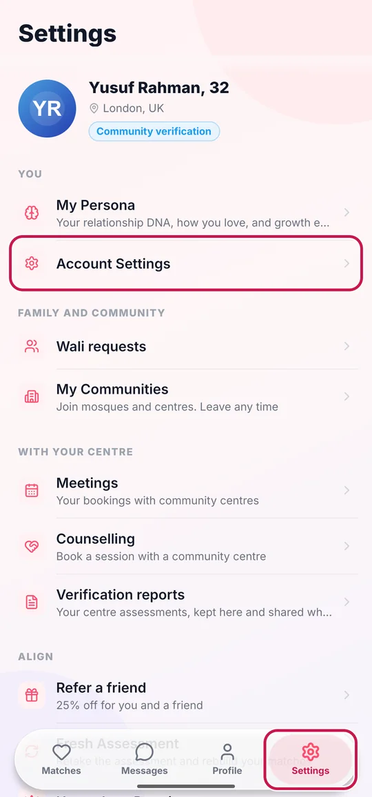The Settings tab of the Align app, with Settings ringed at the bottom of the screen and Account Settings ringed near the top.