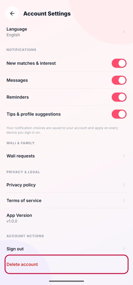Account Settings scrolled to the end, with Delete account ringed under Account actions.