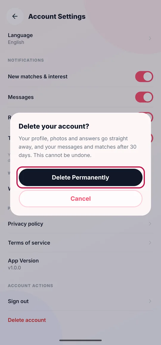 The confirmation asking Delete your account?, with Delete Permanently ringed.